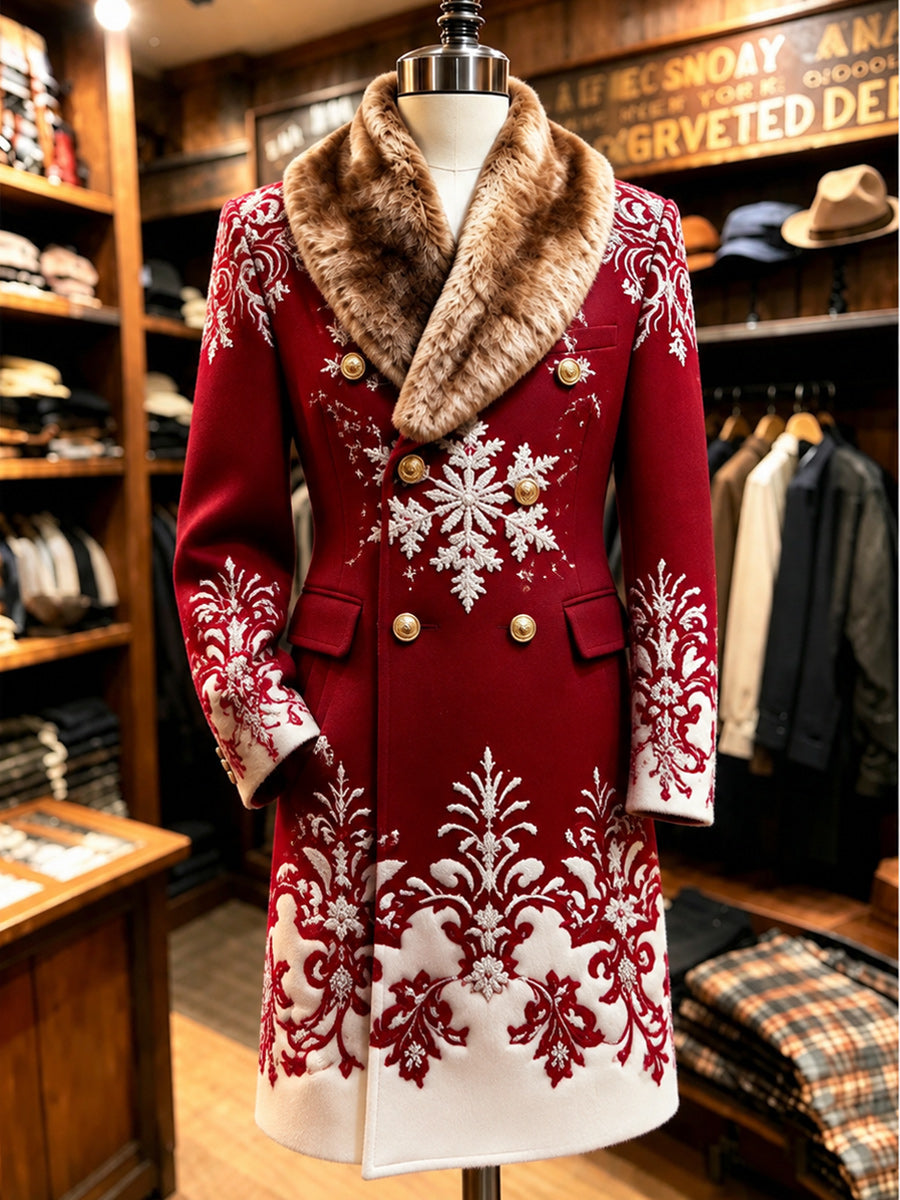 Men's Christmas Art Print Fur Shawl Collar Double Breasted Long Overcoat